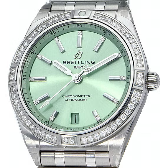 Breitling Chronomat Automatic 36 Diamonds Green Dial Two Tone Steel Strap Watch for Women - A10380591L1A1
