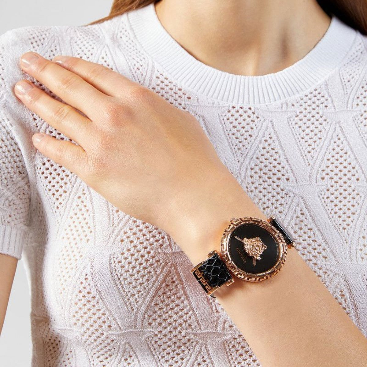 Versace Palazzo Empire Greca Black Dial Black Leather Strap Watch for Women - VEDV00719