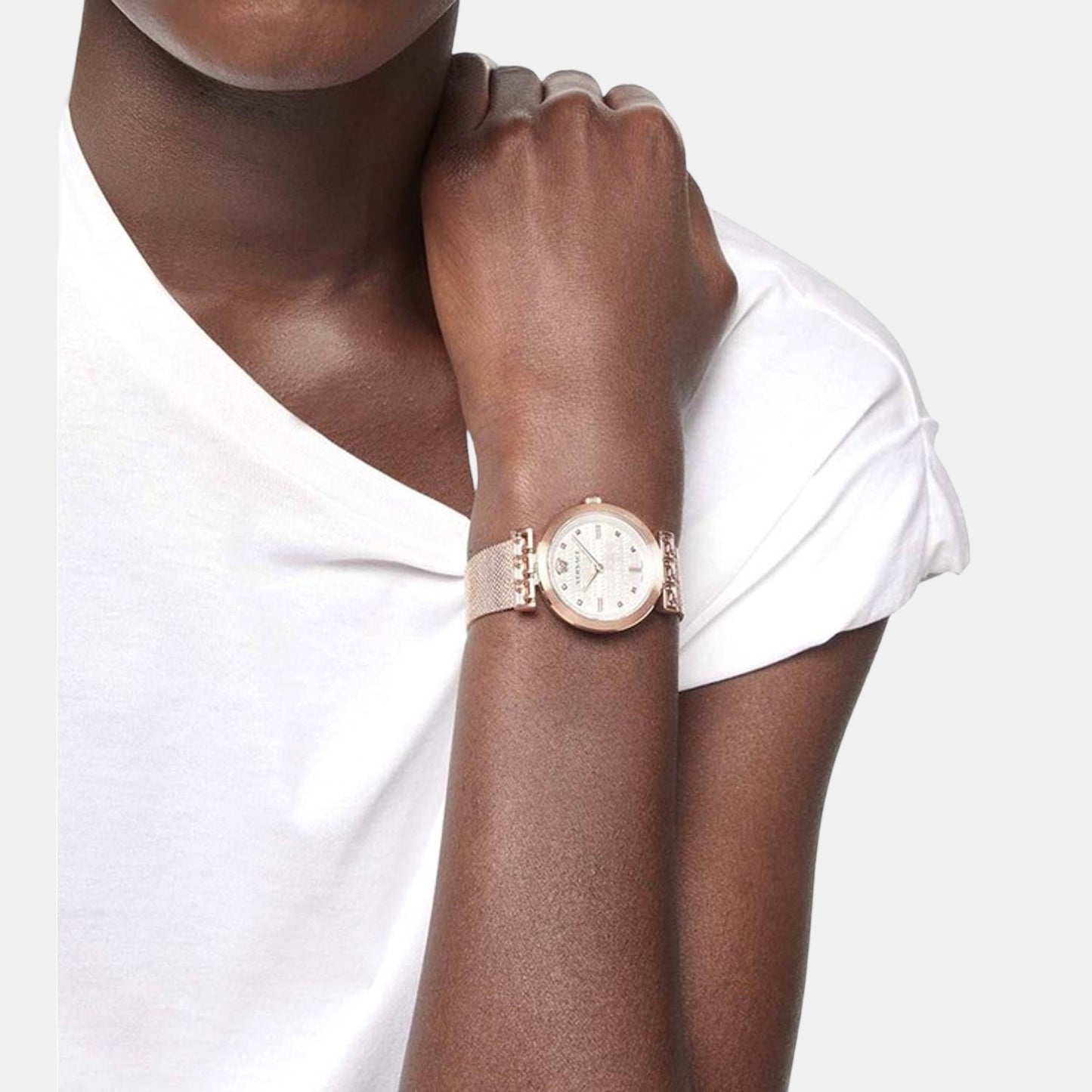 Versace Meander White Dial Rose Gold Mesh Bracelet Watch for Women - VELW00620