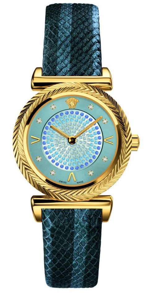 Versace V-Motif Vintage Logo Diamonds Blue Dial Blue Leather Strap Watch for Women - VERE01018