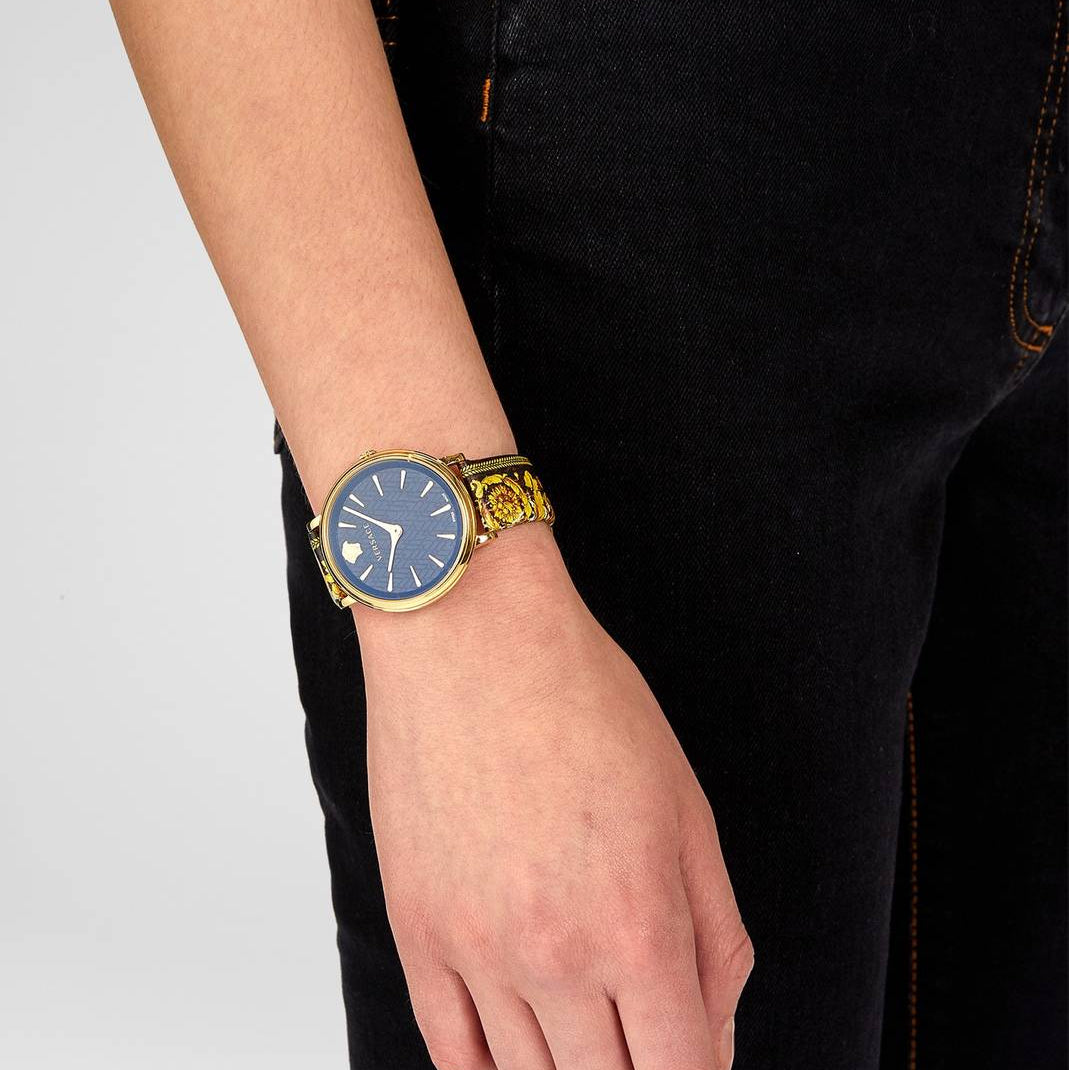 Versace V-Circle Black Dial Gold Leather Strap Watch for Women - VBP13017