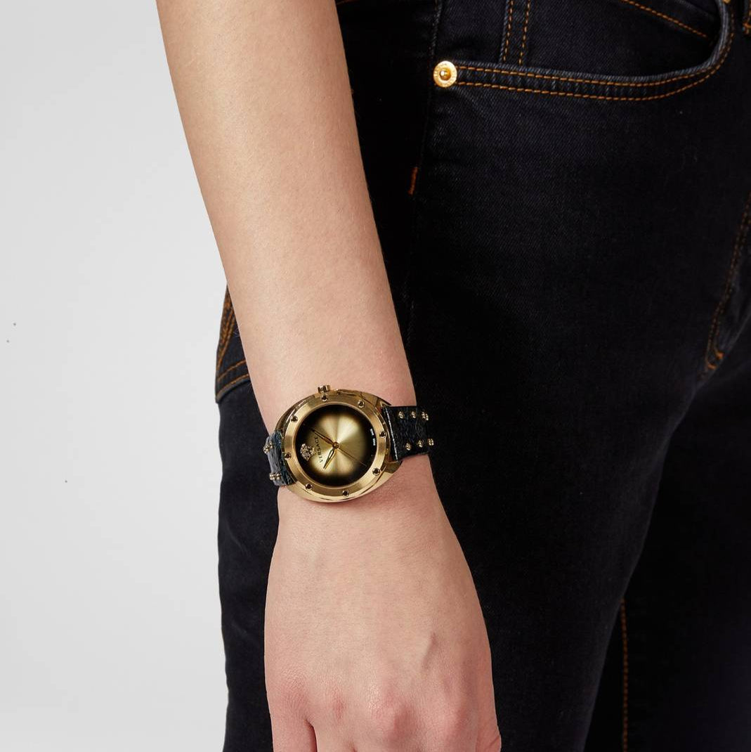 Versace Shadov Gold Dial Green Leather Strap Watch For Women - VEBM01018