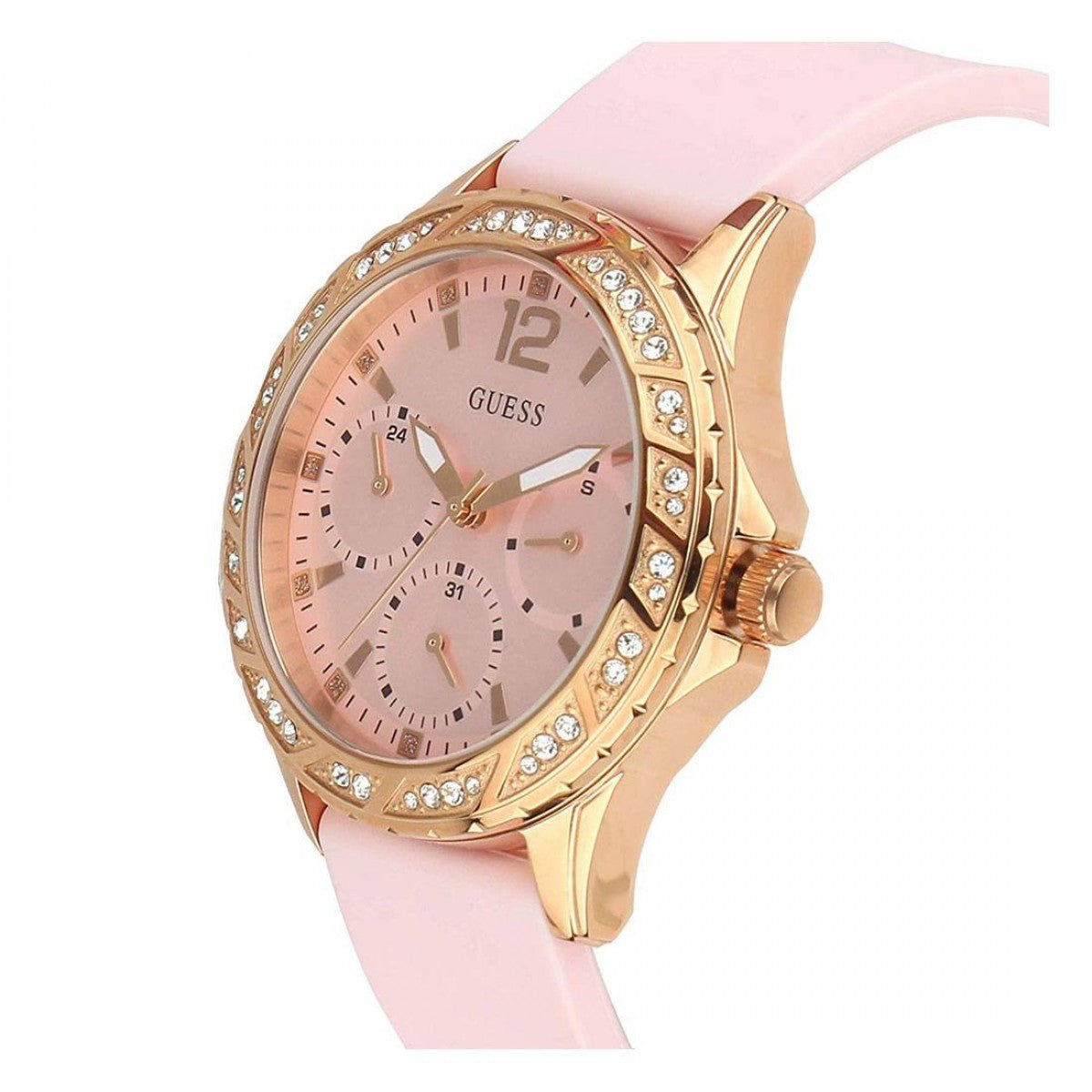 Guess Solar Rose Gold Dial Pink Rubber Strap Watch For Women - W1135L2