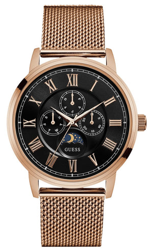 Guess Delancy Black Dial Rose Gold Mesh Bracelet Watch for Men - W0871G5