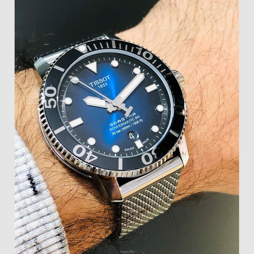 Tissot Seastar 1000 Powermatic 80 Blue Dial SIlver Mesh Bracelet Watch For Men - T120.407.11.041.02