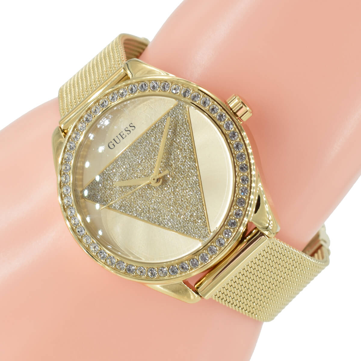 Guess Tri Glitz Quartz Diamonds Gold Dial Gold Mesh Bracelet Watch For Women - W1142L2
