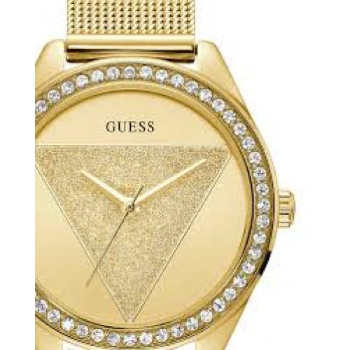 Guess Tri Glitz Quartz Diamonds Gold Dial Gold Mesh Bracelet Watch For Women - W1142L2