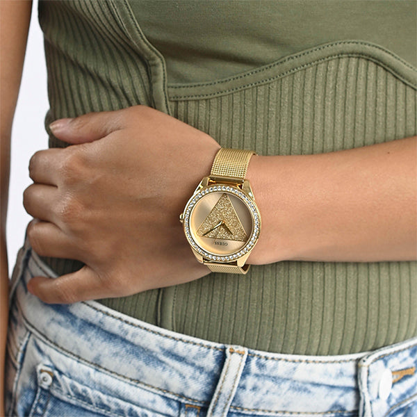 Guess Tri Glitz Quartz Diamonds Gold Dial Gold Mesh Bracelet Watch For Women - W1142L2