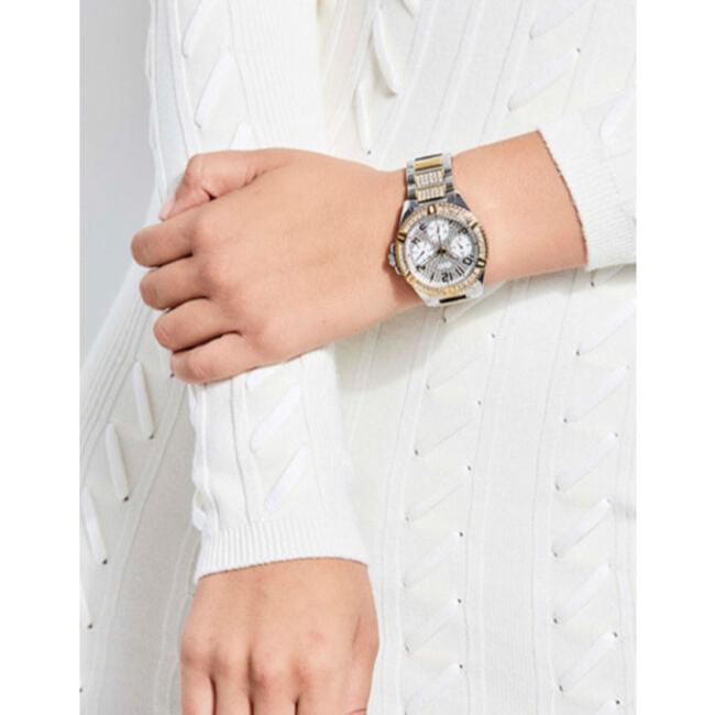Guess Frontier Chronograph Crystals Gold Dial Two Tone Steel Strap Watch For Women - W1156L5