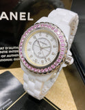 Chanel J12 Sapphire Bezel Ceramic White Dial White Steel Strap Watch for Women - J12 H2010