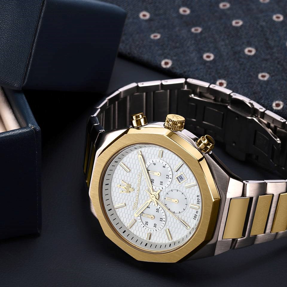 Maserati Stile Chronograph White Dial Two Tone Steel Strap Watch For Men - R8873642009