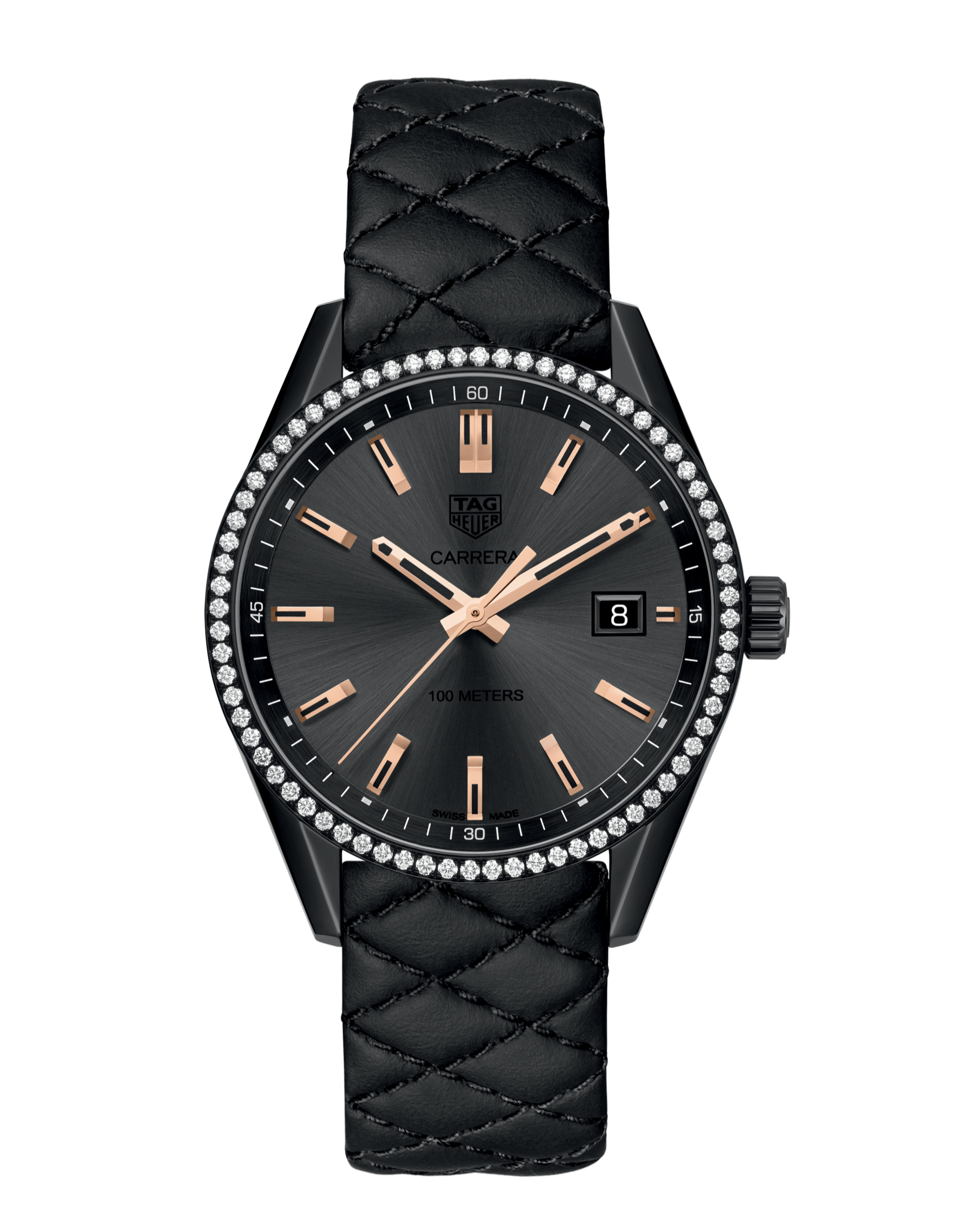 Tag Heuer Carrera Diamonds Anthracite Black Dial Black Leather Strap Watch for Women - WAR1115.FC6392