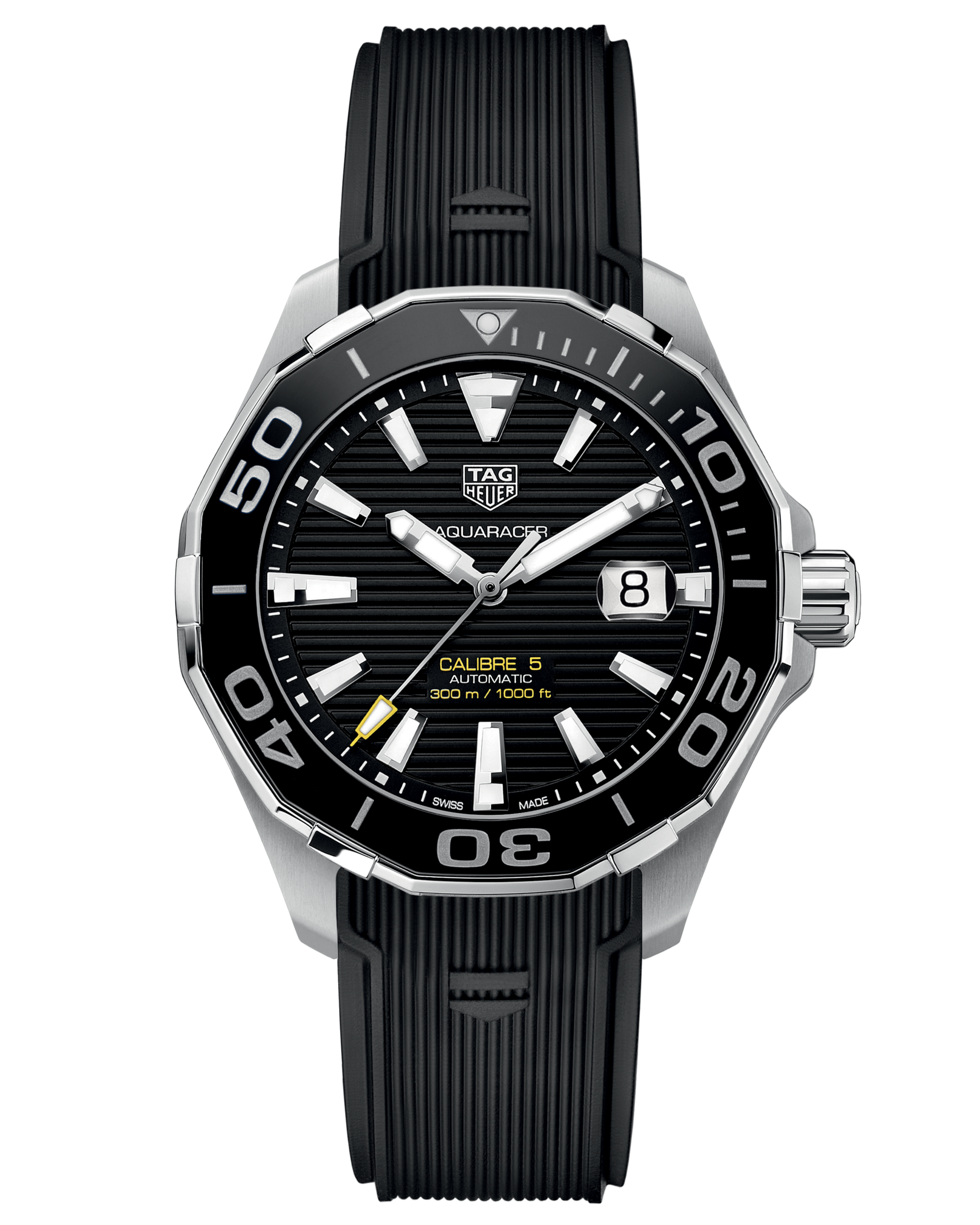 Tag Heuer Aquaracer Calibre 5 Automatic Black Dial Black Rubber Strap Watch for Men - WAY201A.FT6142