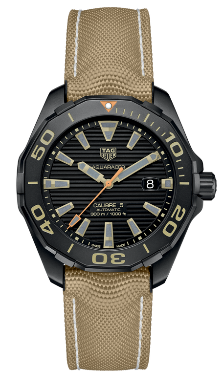 Tag Heuer Aquaracer 300 Calibre 5 Automatic Black Dial Brown Nylon Strap Watch for Men - WAY208C.FC6383