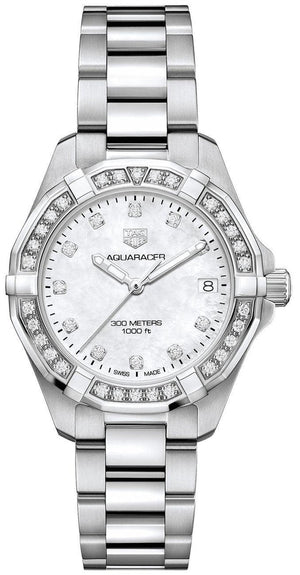 Tag Heuer Aquaracer Diamonds White Mother of Pearl Dial Silver Steel Strap Watch for Women - WBD1315.BA0740