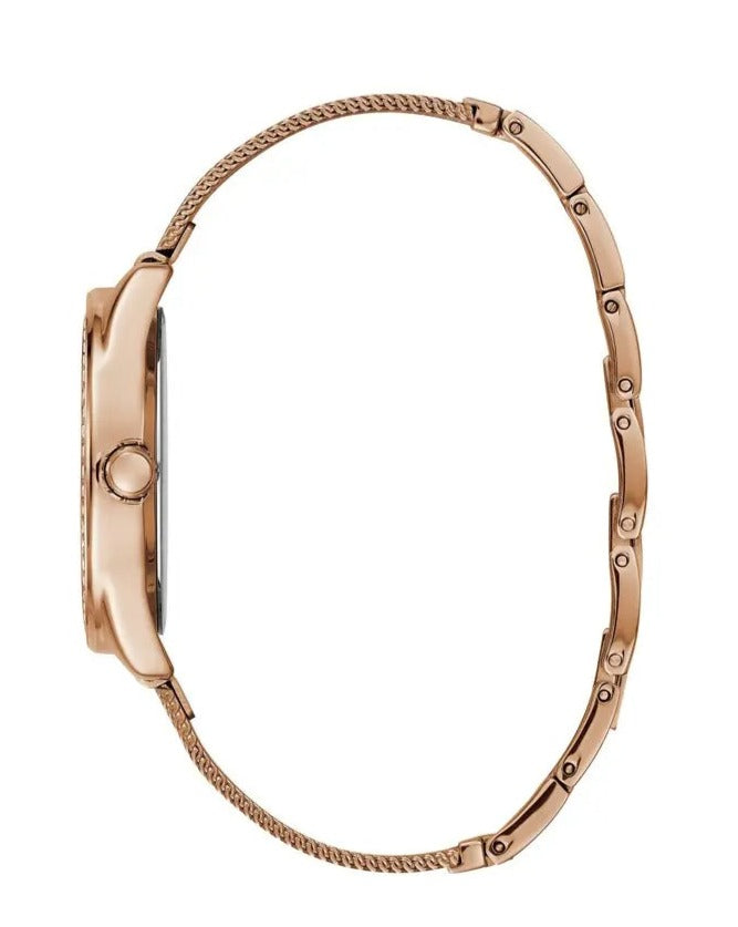 Guess Tri Glitz Quartz Diamonds Rose Gold Dial Rose Gold Mesh Bracelet Watch For Women - W1142L4