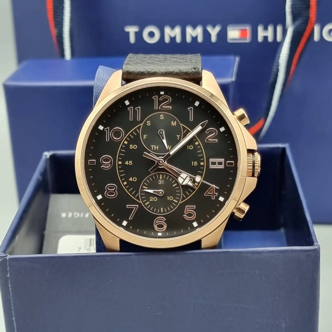 Tommy Hilfiger Dean Chronograph Quartz Black Dial Black Leather Strap Watch for Men - 1791273