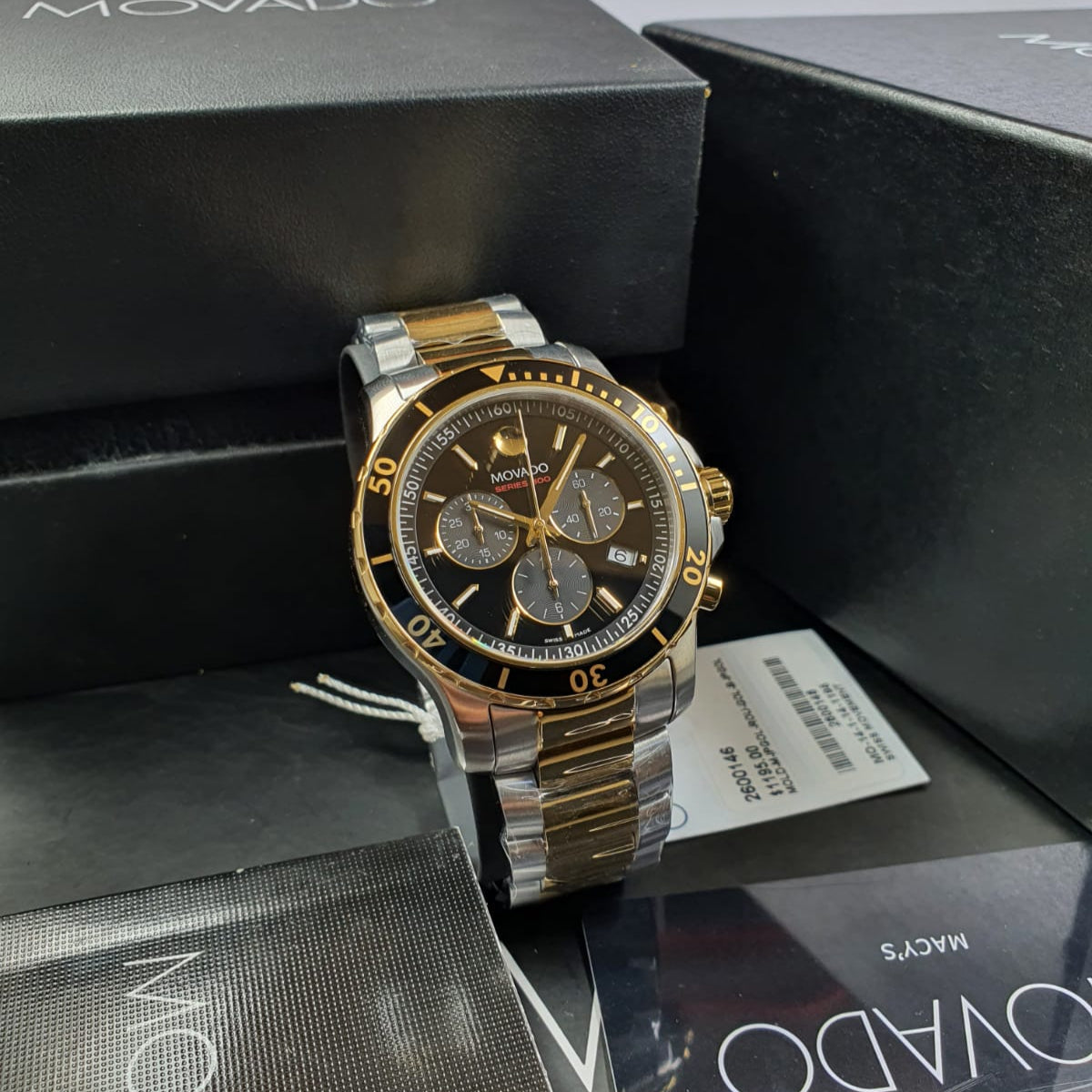 Movado Series 800 Chronograph Black Dial Two Tone Steel Strap Watch For Men - 2600146