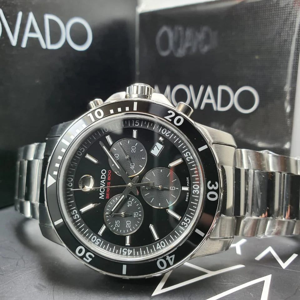 Movado Series 800 Chronograph Black Dial Silver Steel Strap Watch For Men - 2600142