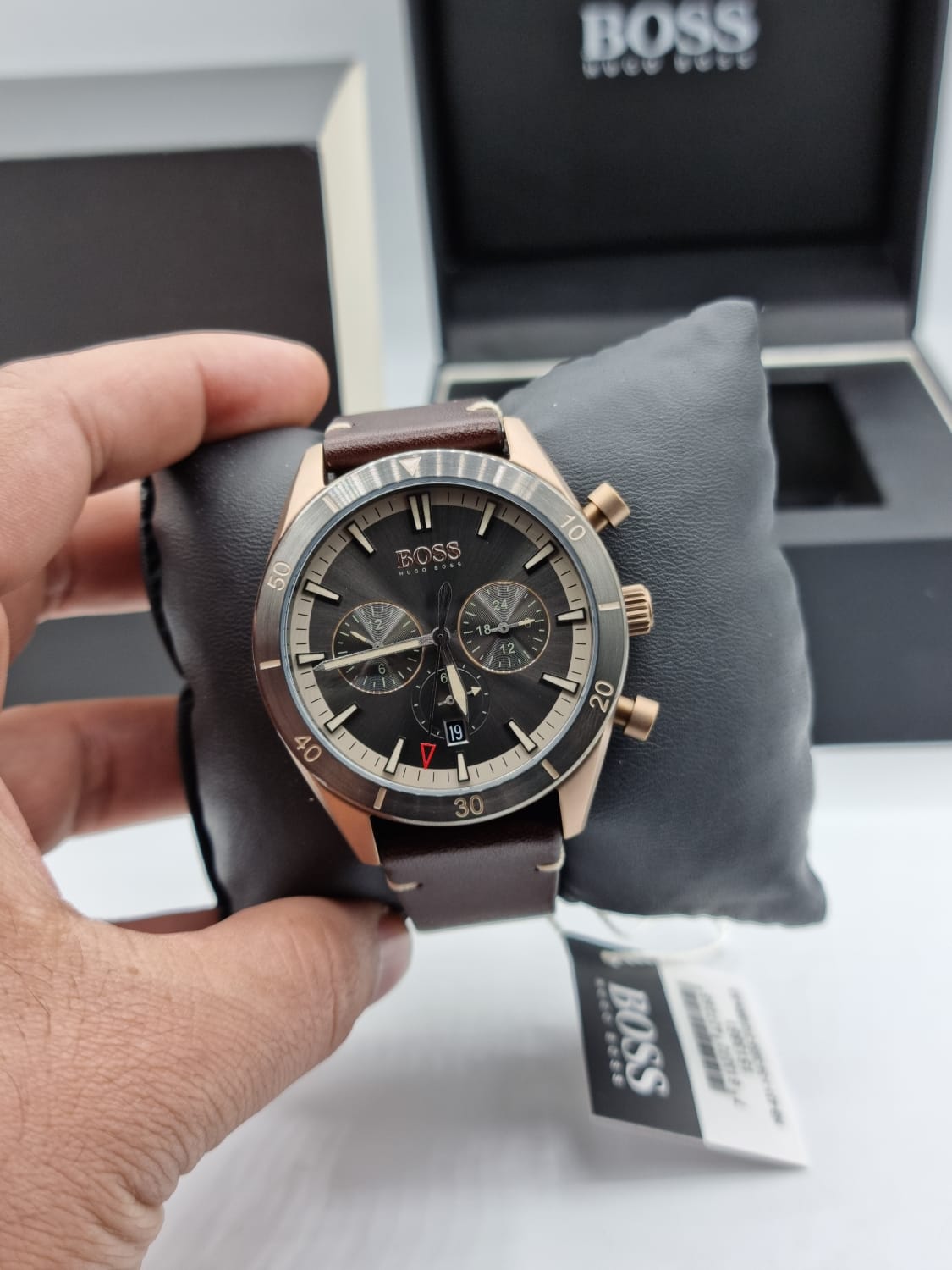 Hugo Boss Santiago Chronograph Grey Dial Brown Leather Strap Watch for Men - 1513861