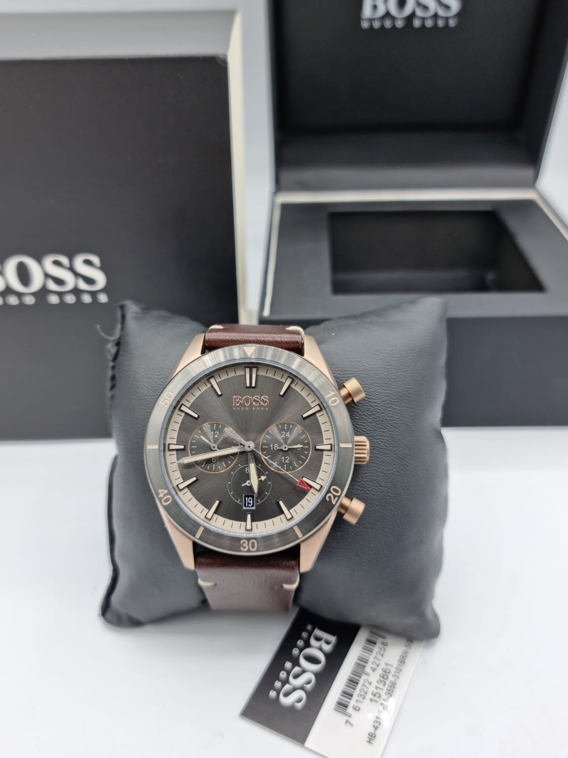 Hugo Boss Santiago Chronograph Grey Dial Brown Leather Strap Watch for Men - 1513861