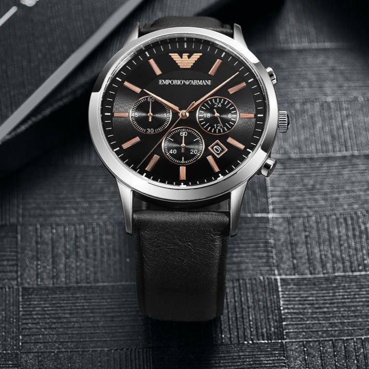 Emporio Armani Giovanni Chronograph Black Dial Black Leather Strap Watch For Men - AR11431