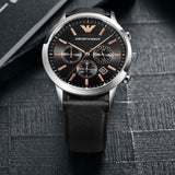 Emporio Armani Giovanni Chronograph Black Dial Black Leather Strap Watch For Men - AR11431