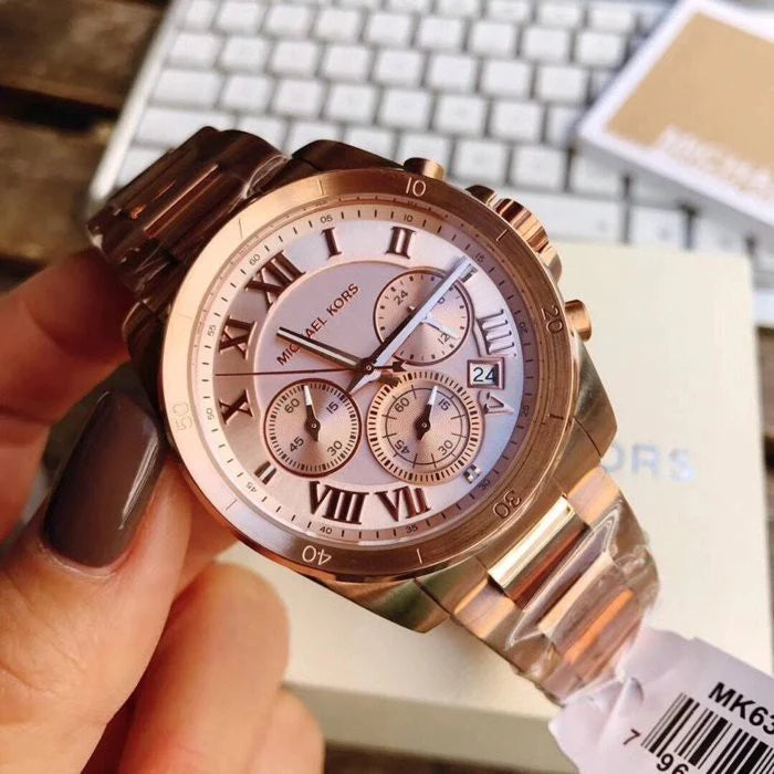Michael Kors Brecken Chronograph Quartz Rose Gold Dial Rose Gold Steel Strap Watch For Women - MK6367