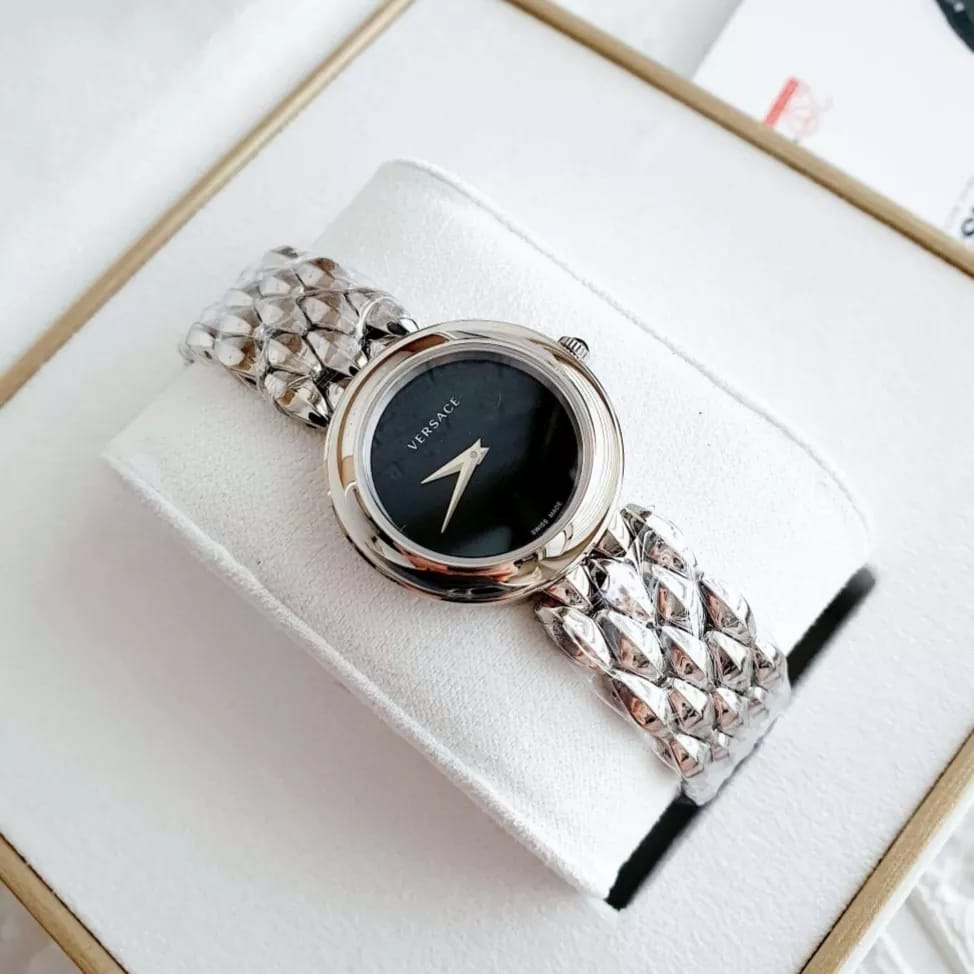 Versace V-Flare Quartz Black Dial Silver Steel Strap Watch for Women - VEBN00618
