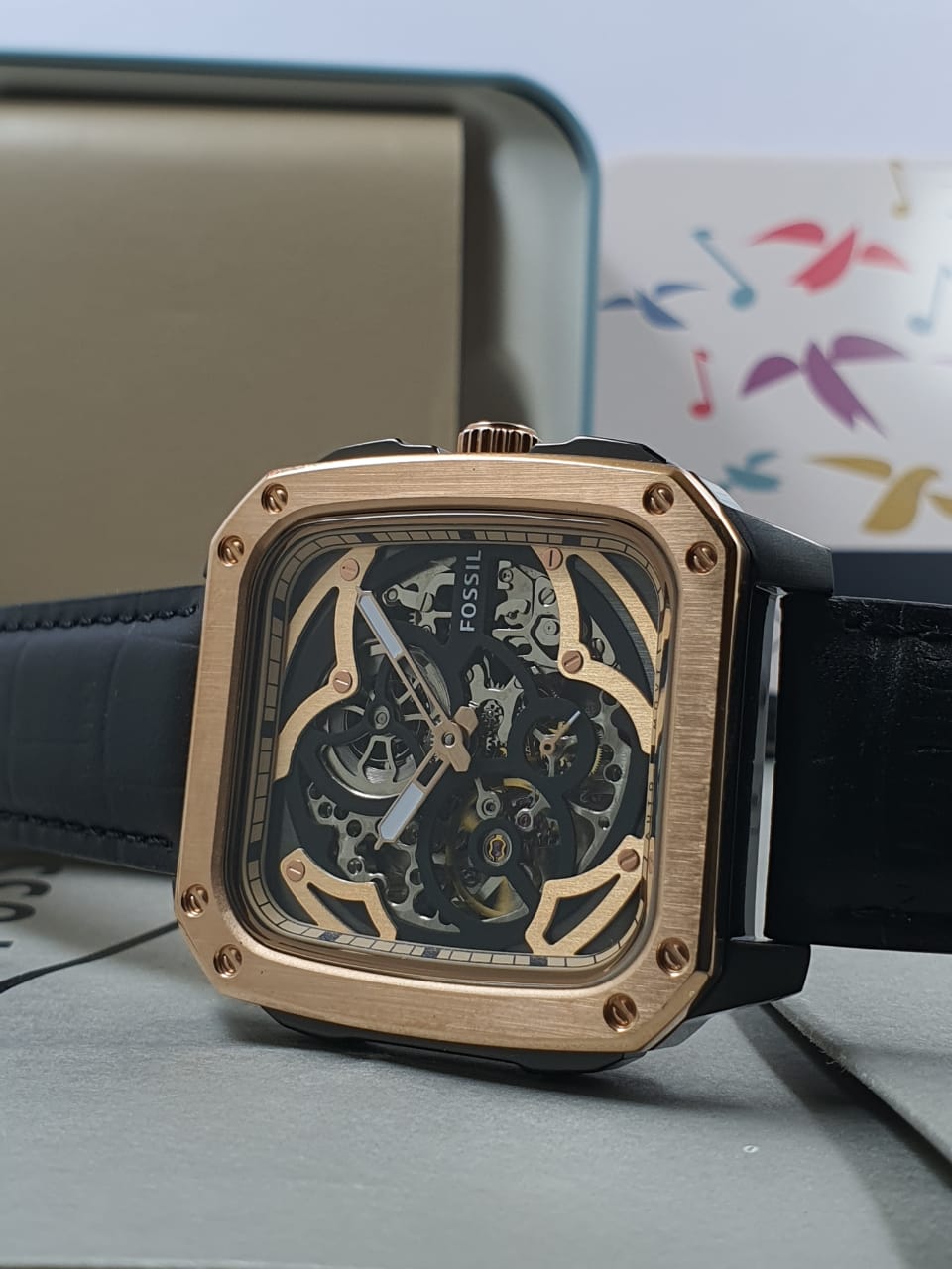 Fossil Inscription Automatic Skeleton Rose Gold Dial Black Leather Strap Watch for Men - BQ2572