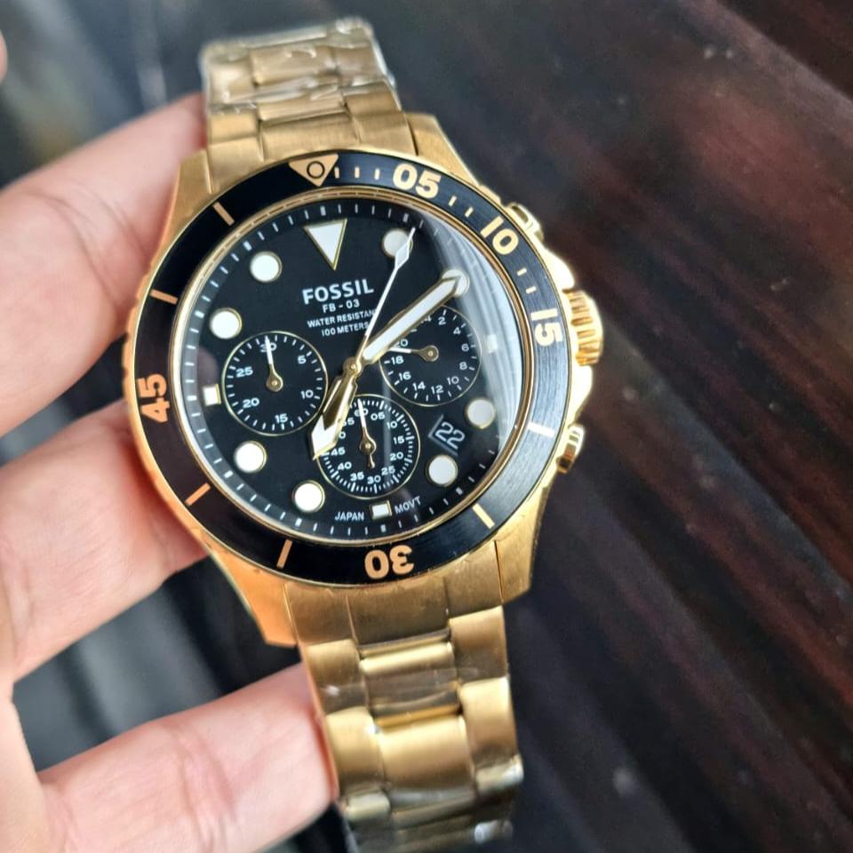 Fossil FB-03 Chronograph Black Dial Gold Steel Strap Watch for Men - FS5727