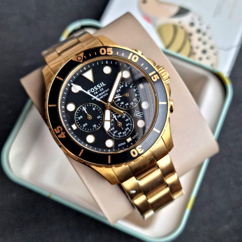 Fossil FB-03 Chronograph Black Dial Gold Steel Strap Watch for Men - FS5727