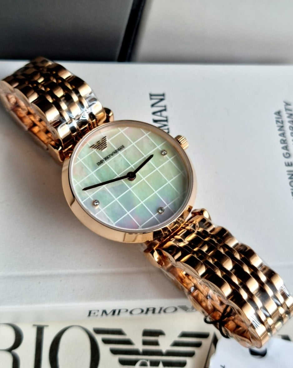 Emporio Armani Gianni T Bar Quartz Mother of Pearl Dial Rose Gold Steel Strap Watch For Women - AR11385