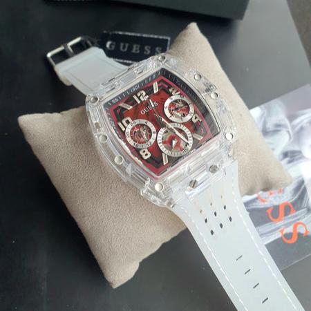 Guess Phoenix Quartz Burgundy Dial Transparent Silicone Strap Watch For Men - GW0499G9