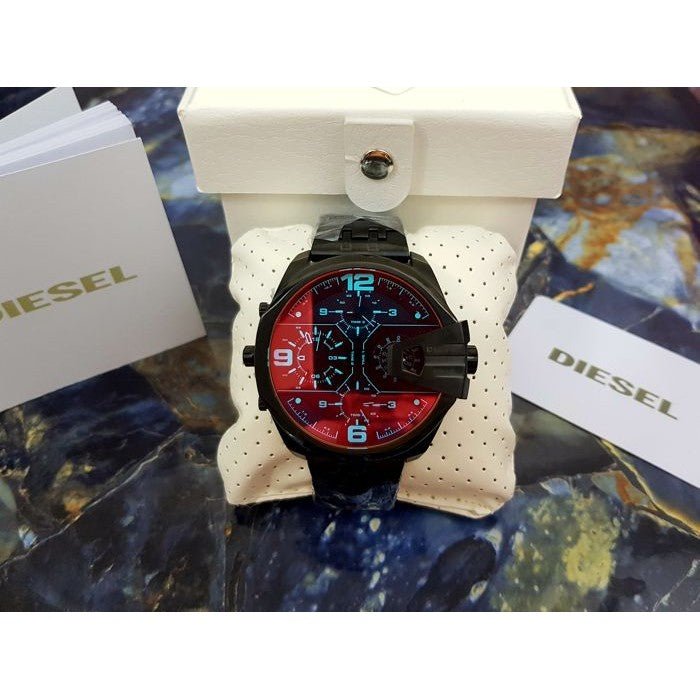 Diesel Uber Chief Chronograph Red Dial Black Steel Strap Watch For Men - DZ7373