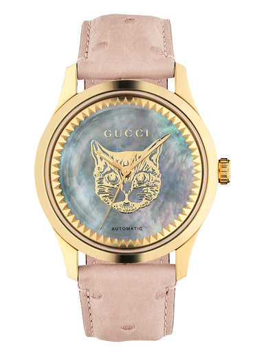 Gucci G Timeless Skeleton 16K Gold Mother of Pearl Dial Pink Leather Strap Watch For Women - YA1264110