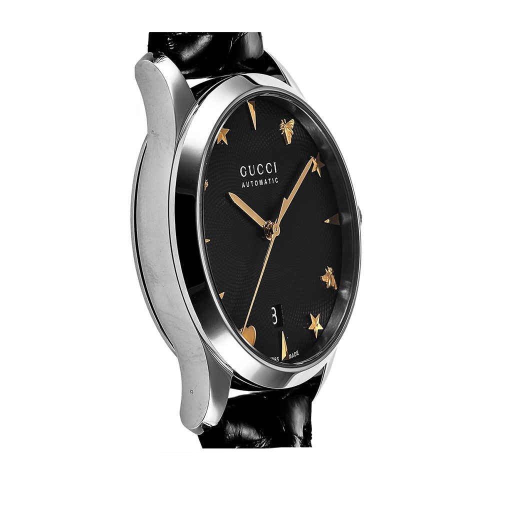 Gucci G Timeless Automatic Black Dial Black Leather Strap Watch For Women - YA126469