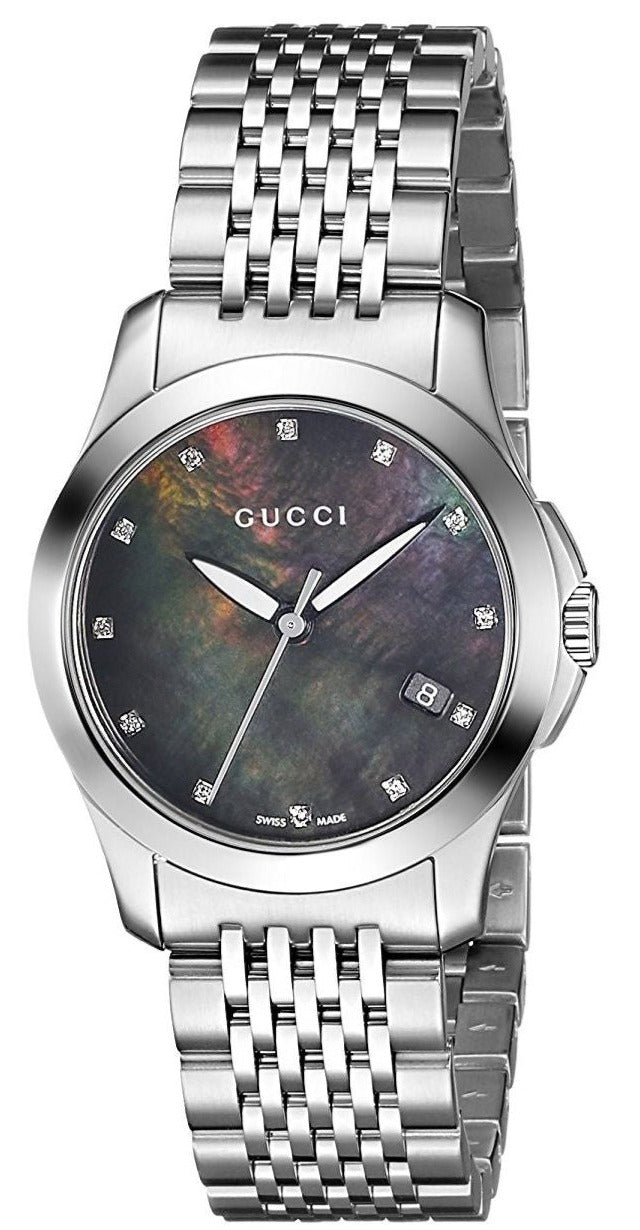 Gucci G Timeless Diamonds Mother of Pearl Black Dial Silver Steel Strap Watch For Women - YA126505