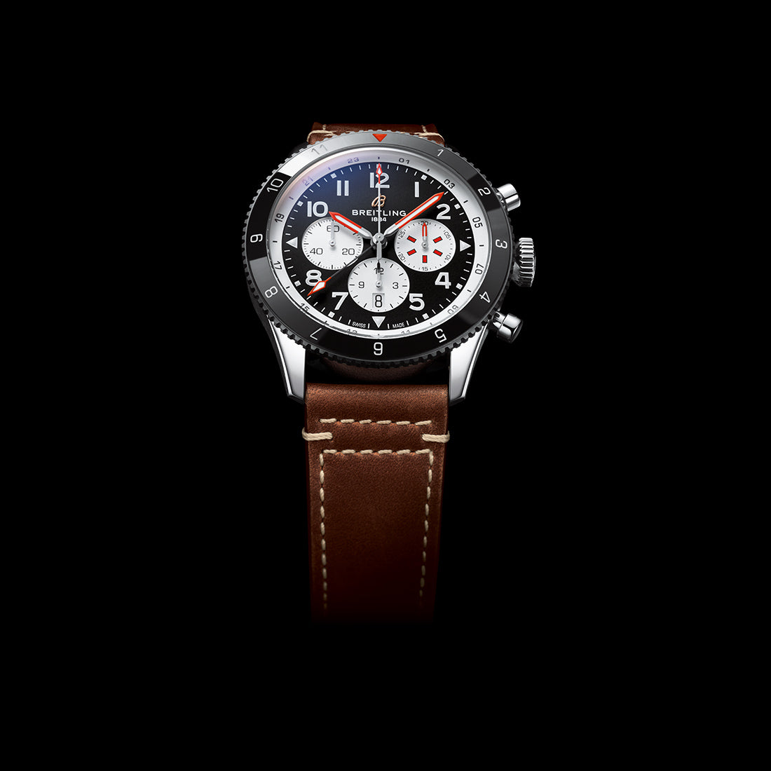 Breitling Super Avi B04 Chronograph GMT 46 Mosquito Black Dial Brown Leather Strap Watch for Men - YB04451A1B1X1