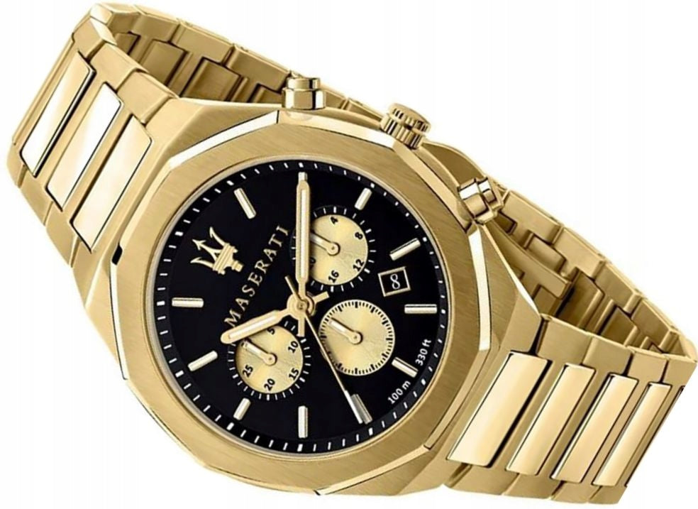 Maserati Stile 45mm Chronograph Black Dial Gold Steel Strap Watch For Men - R8873642001