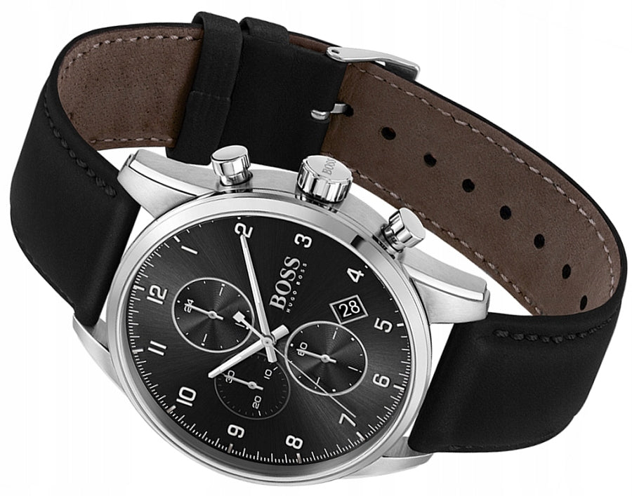 Hugo Boss Skymaster Black Dial Black Leather Strap Watch for Men - 1513782