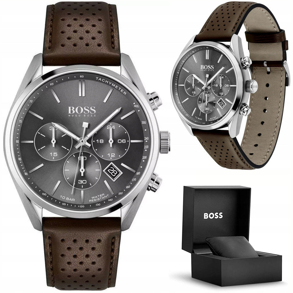 Hugo Boss Champion Grey Dial Brown Leather Strap Watch for Men - 1513815