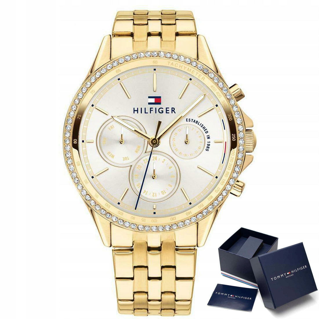 Tommy Hilfiger Ari Multifunction Diamonds Silver Dial Gold Steel Strap Watch for Women - 1781977