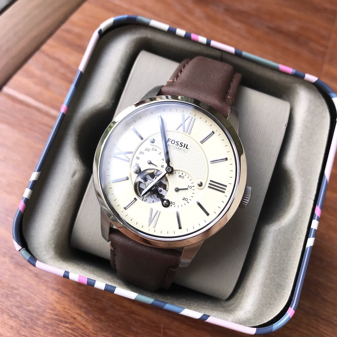 Fossil Townsman Automatic White Dial Brown Leather Strap Watch for Men - ME3064