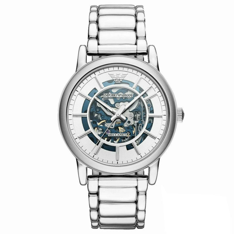 Emporio Armani Meccanico Automatic Silver Dial Silver Steel Strap Watch for Men - AR60006