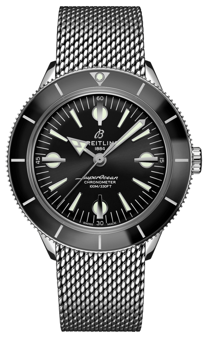 Breitling Superocean Heritage '57 Black Dial Silver Mesh Bracelet Watch for Men - A10370121B1A1
