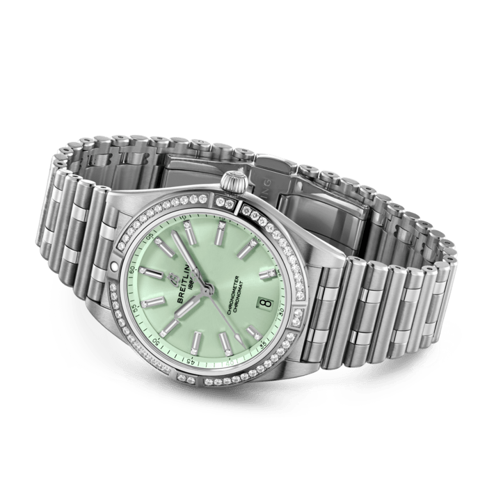 Breitling Chronomat Automatic 36 Diamonds Green Dial Two Tone Steel Strap Watch for Women - A10380591L1A1