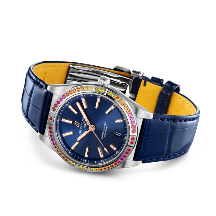 Breitling Chronomat Automatic 36 South Sea Blue Dial Blue Leather Strap Watch for Women - A10380611C1P1