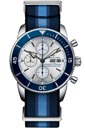Breitling Superocean Heritage Chronograph 44 Ocean Conservancy Silver Dial Two Tone NATO Strap Watch for Men - A133131A1G1W1