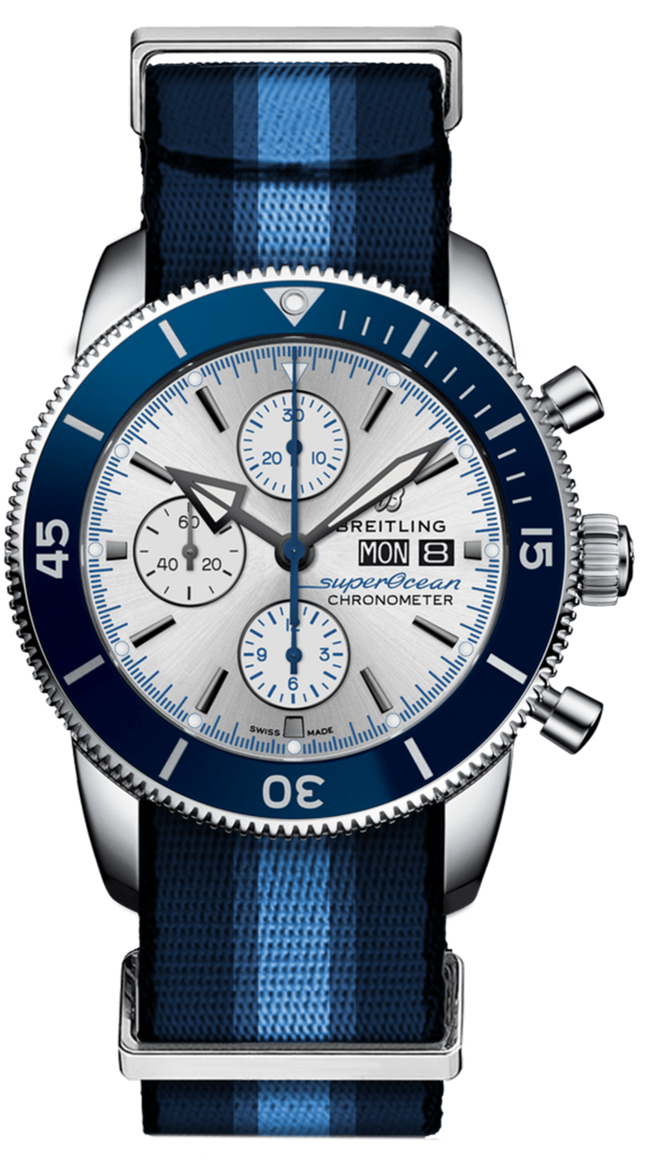 Breitling Superocean Heritage Chronograph 44 Ocean Conservancy Silver Dial Two Tone NATO Strap Watch for Men - A133131A1G1W1